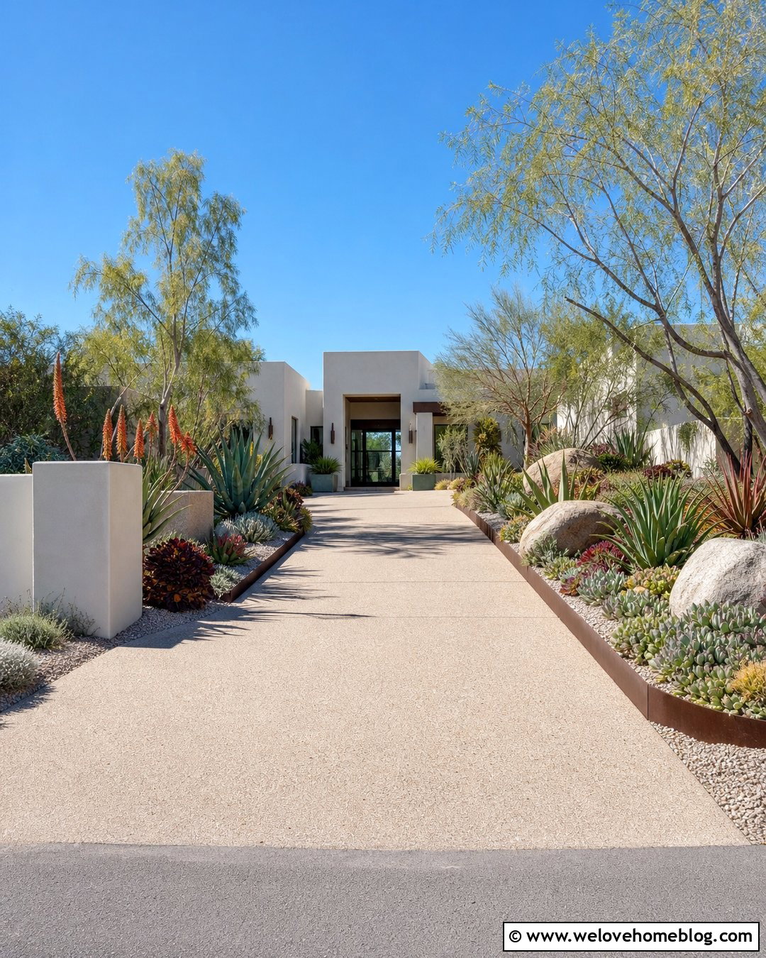 Driveway Entrance With Succulent Beds - 50 driveway entrance landscaping ideas
