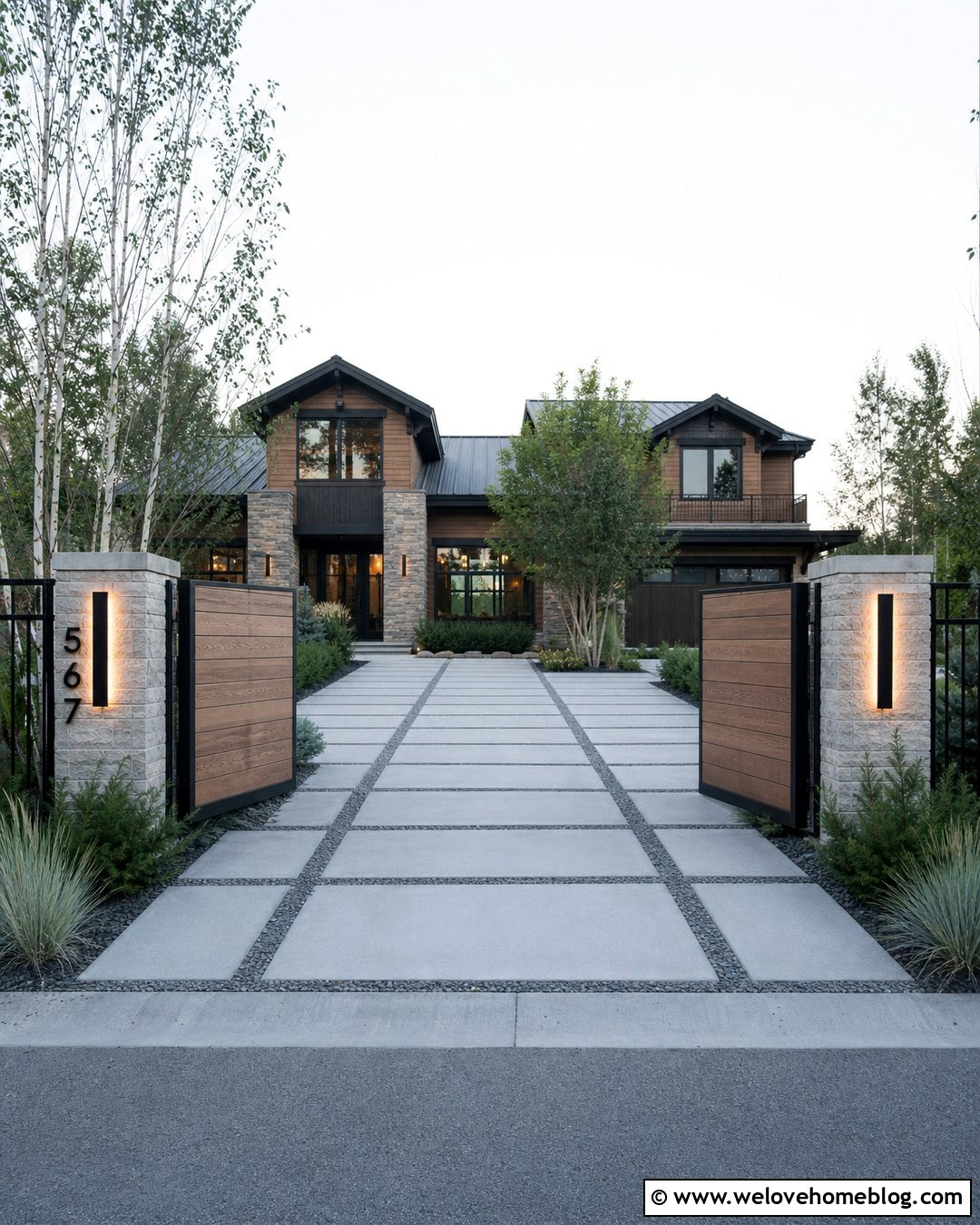 Driveway Entrance With Wood And Steel Gates - 25 Luxury Driveway Entrance Ideas