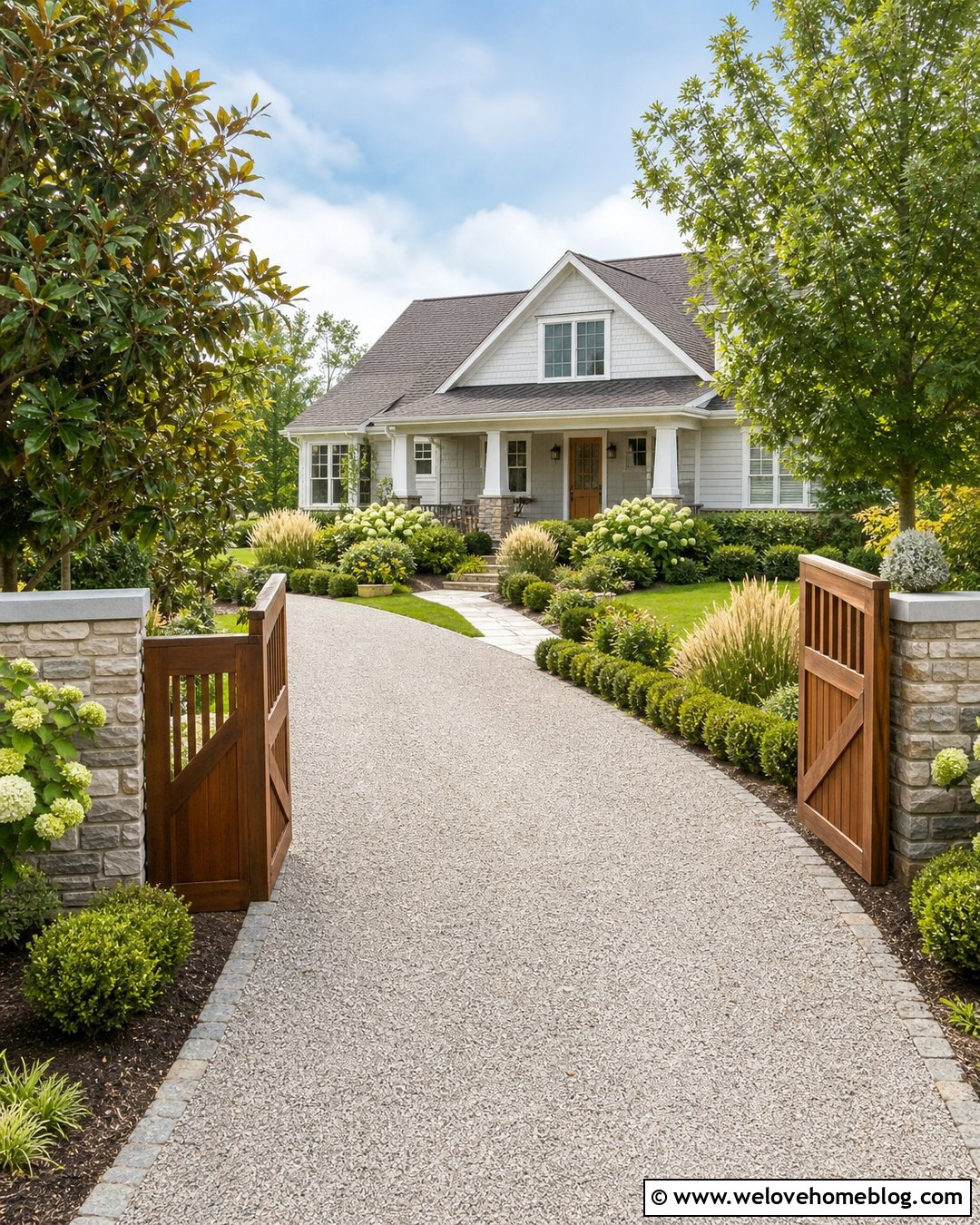Driveway Entrance With Wood Gates And Shrubs - 50 driveway entrance landscaping ideas