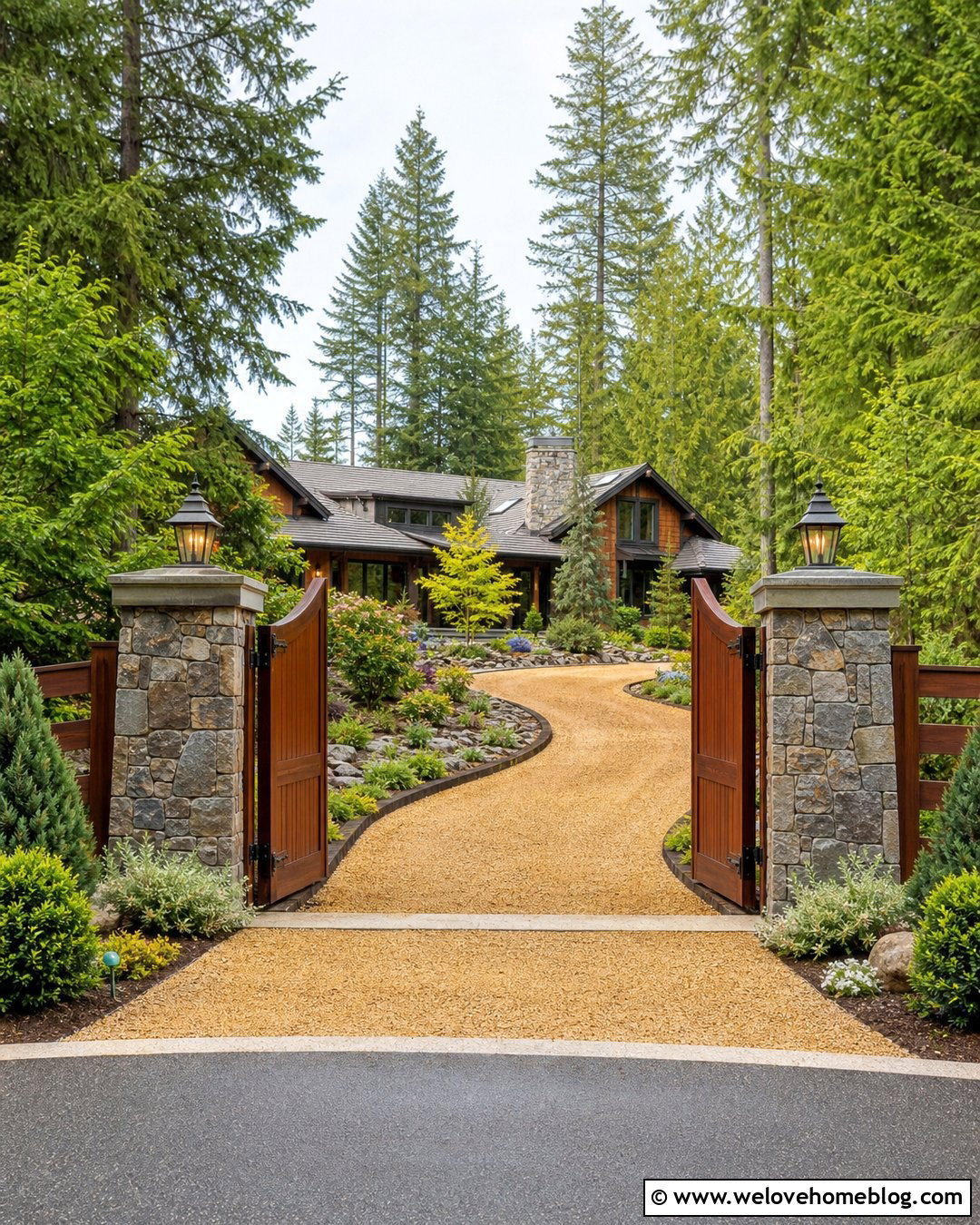 Driveway Entrance With Wooden Gate And Evergreens - 20 Landscaping At Driveway Entrance Ideas