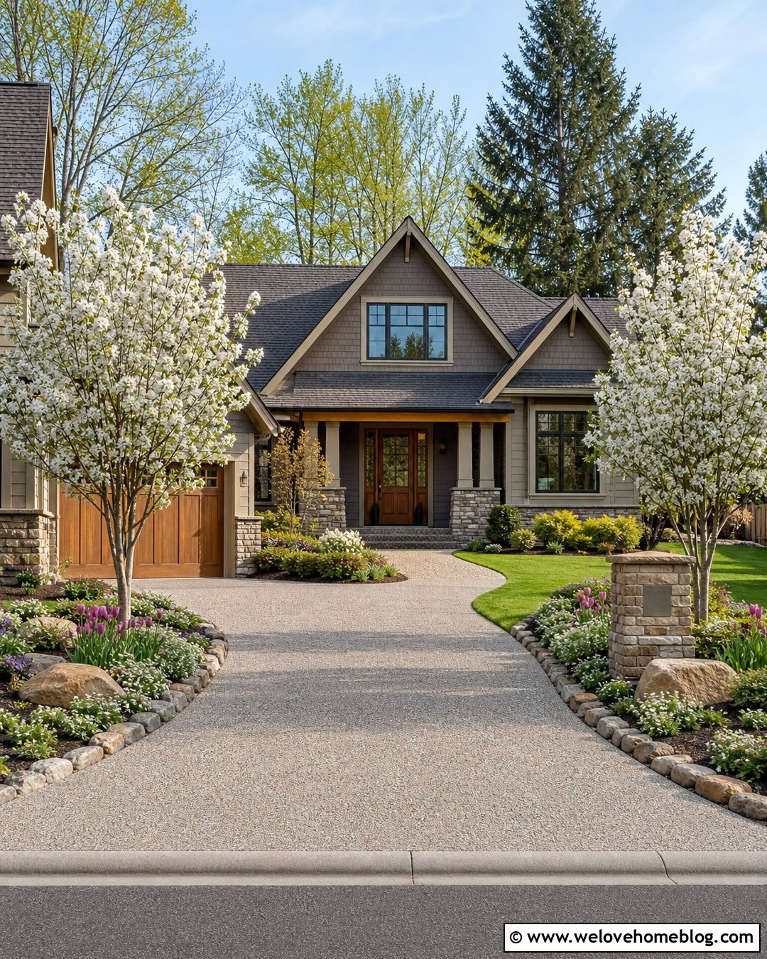 Driveway Entry With Flowering Trees - 35 Driveway Entry Landscaping Ideas
