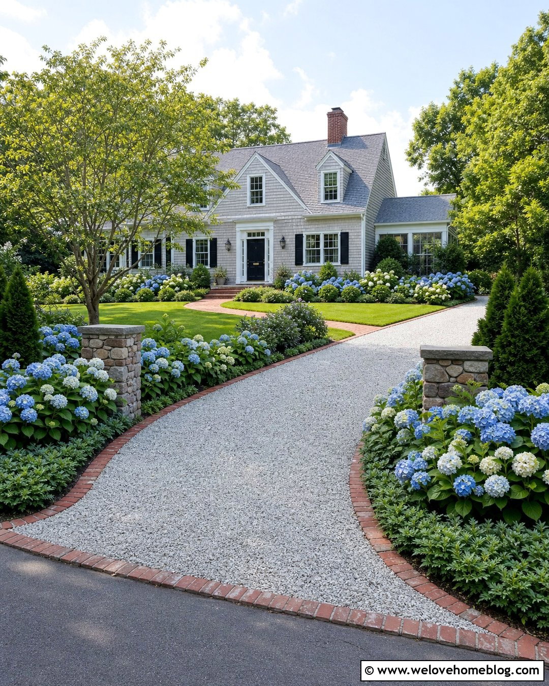 Driveway Entry With Hydrangea Borders - 35 Driveway Entry Landscaping Ideas
