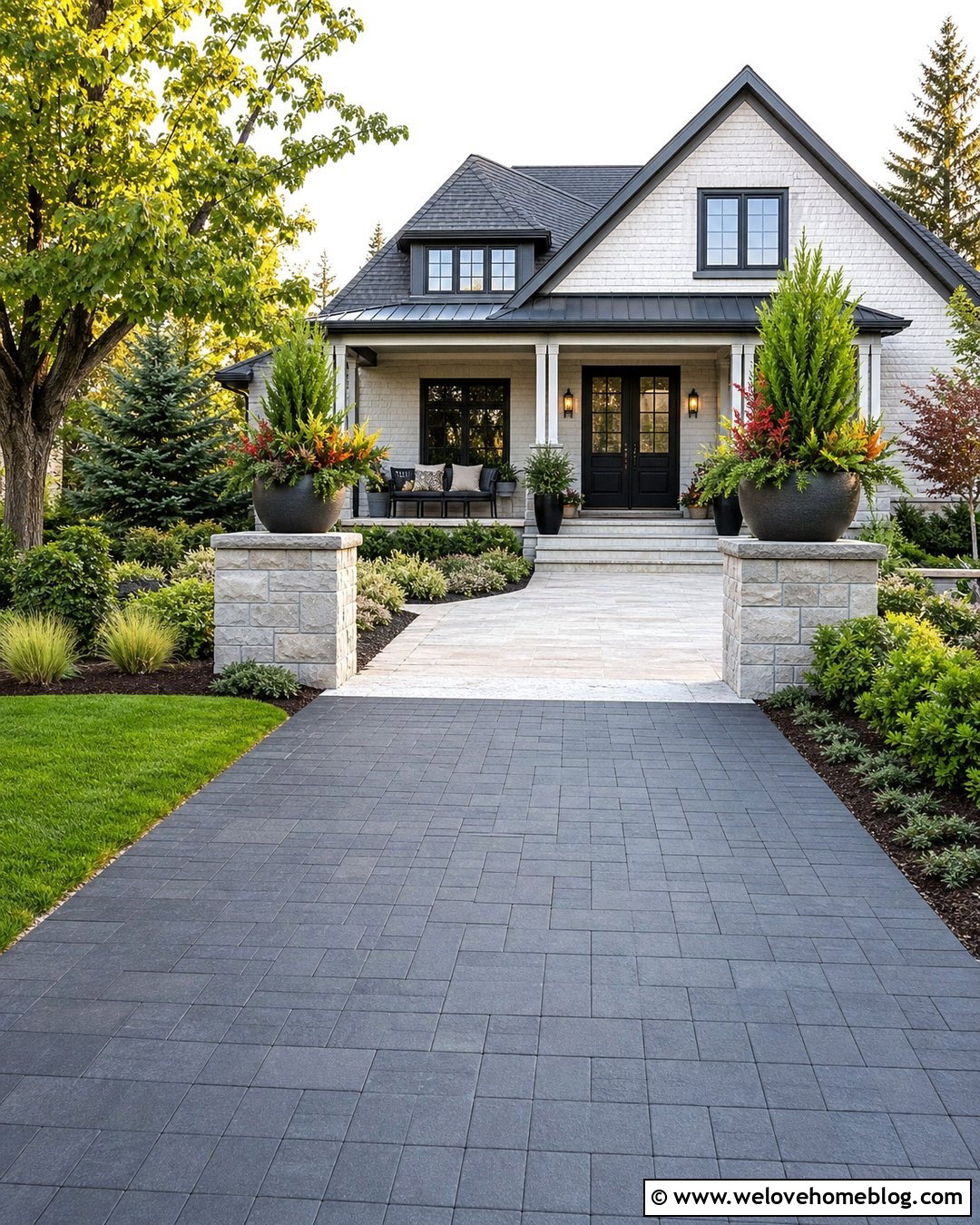 Driveway Entry With Seasonal Containers - 35 Driveway Entry Landscaping Ideas