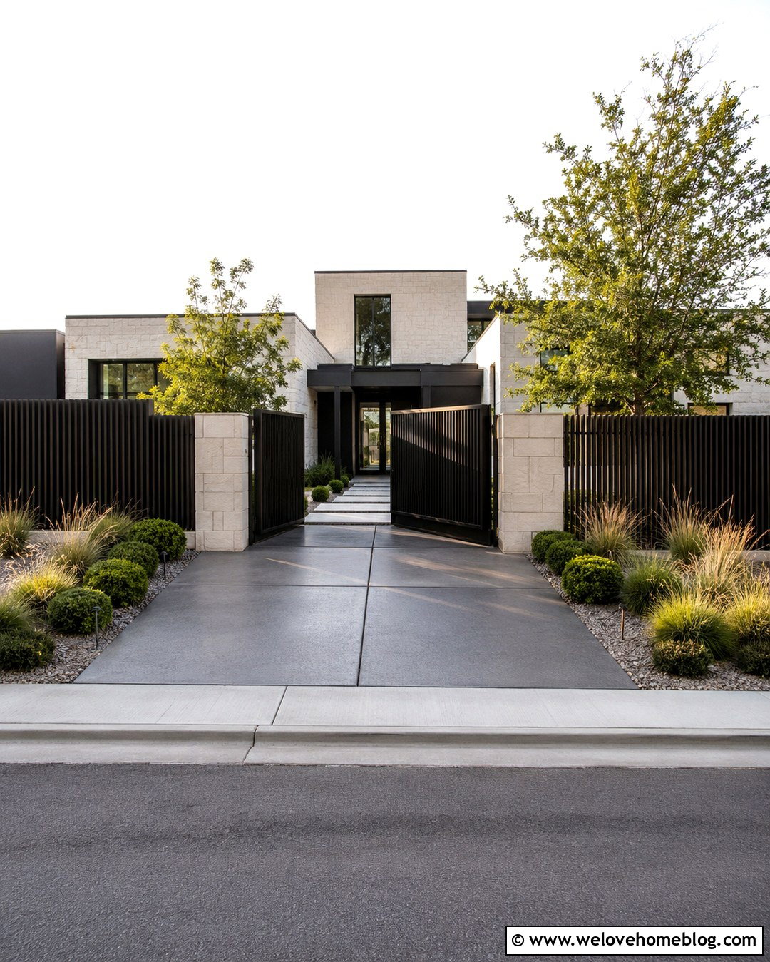 Driveway Fencing With Address Pillars - 20 Contemporary Driveway Fencing Ideas