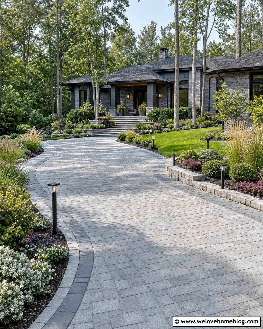 Driveway Garden With Landscape Lighting - 30 Driveway Garden Ideas