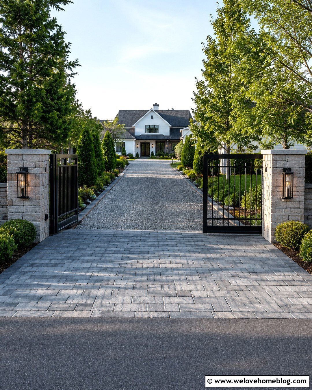 Driveway Gate With Stone Pillars - 20 Driveway Makeover Project Ideas