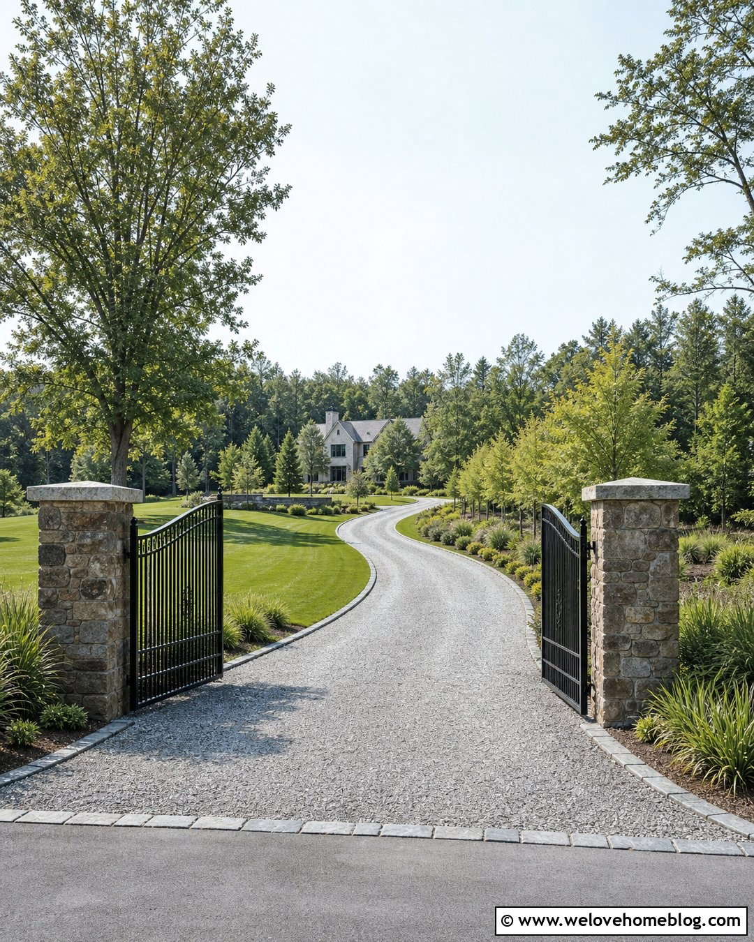 Driveway Gate With Stone Pillars On A Curved Driveway - 20 Driveway Gate With Stone Pillars Ideas