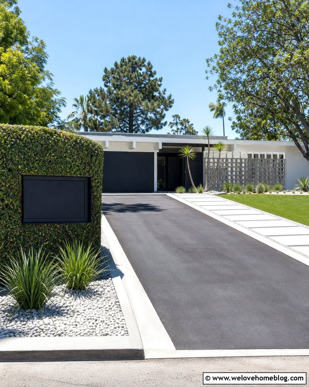 Driveway Hedge With Modern Address Sign - 25 driveway hedge ideas