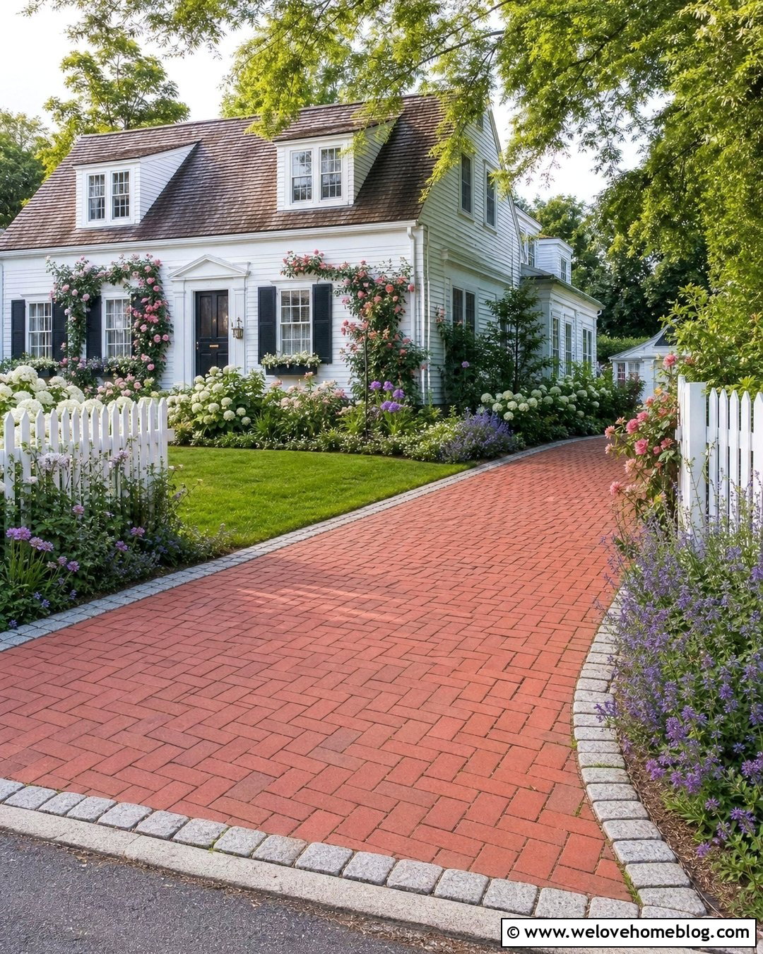 Driveway Hedge With White Picket Fence