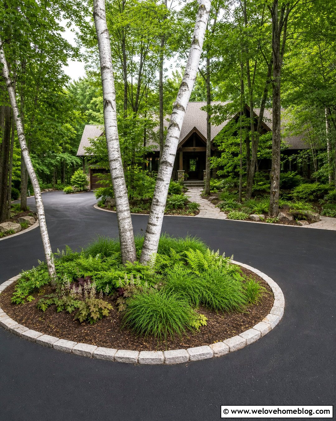 Driveway Island With Birch Trees And Ferns - 25 Driveway Island Landscaping Ideas
