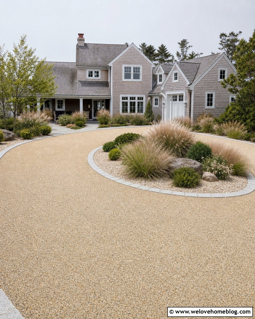 Driveway Island With Coastal Grasses - 25 Driveway Island Landscaping Ideas
