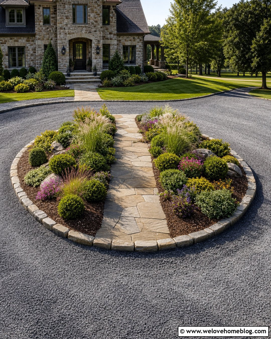 Driveway Island With Flagstone Walking Path - 25 Driveway Island Landscaping Ideas