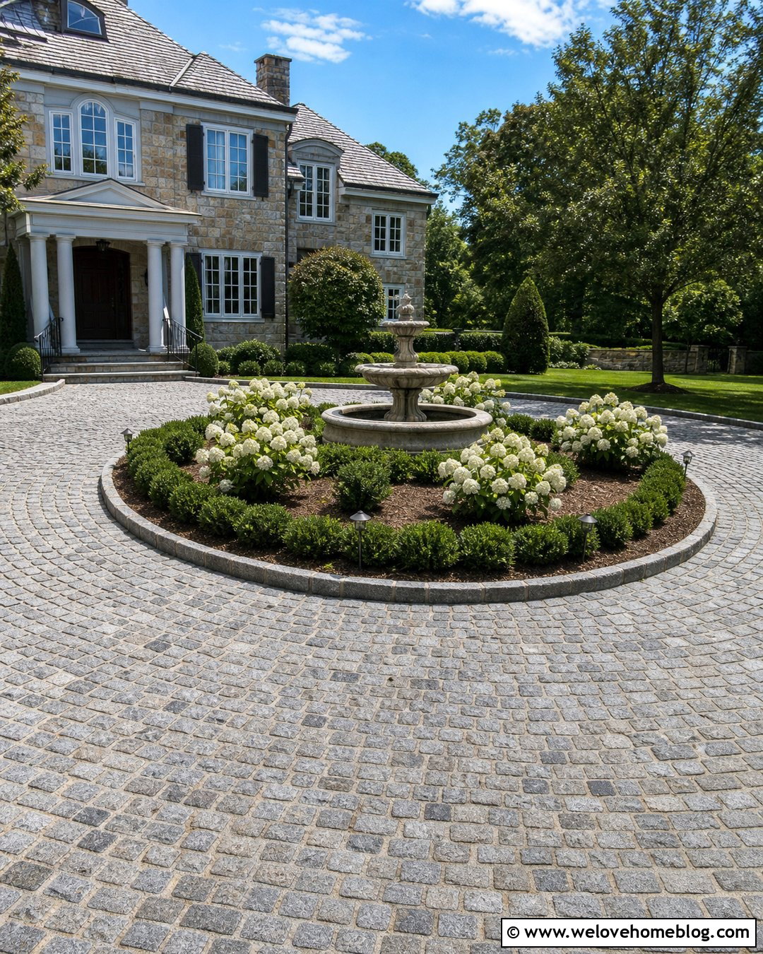 Driveway Island With Fountain And Evergreen Border - 25 Driveway Island Landscaping Ideas