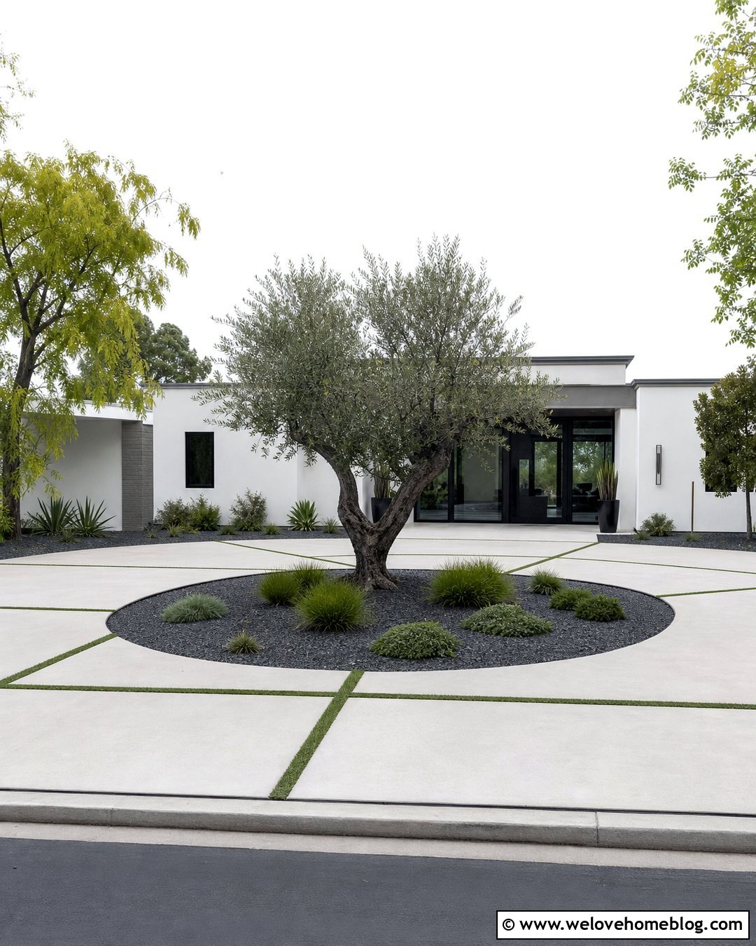 Driveway Island With Minimalist Tree And Gravel - 25 Driveway Island Landscaping Ideas