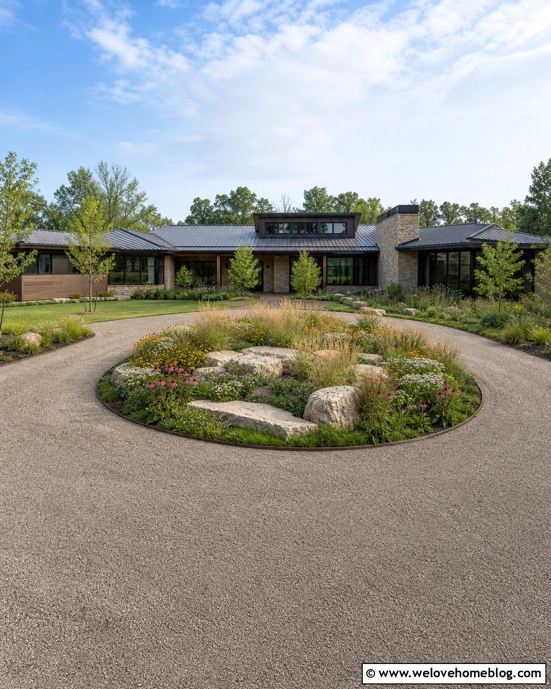 Driveway Island With Prairie Grass And Stone - 25 Driveway Island Landscaping Ideas