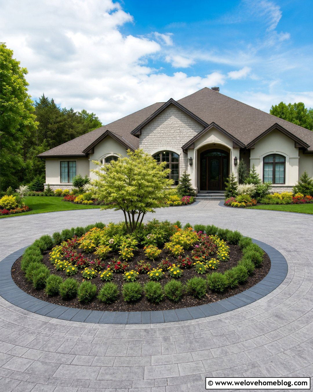 Driveway Island With Seasonal Flower Bands - 25 Driveway Island Landscaping Ideas
