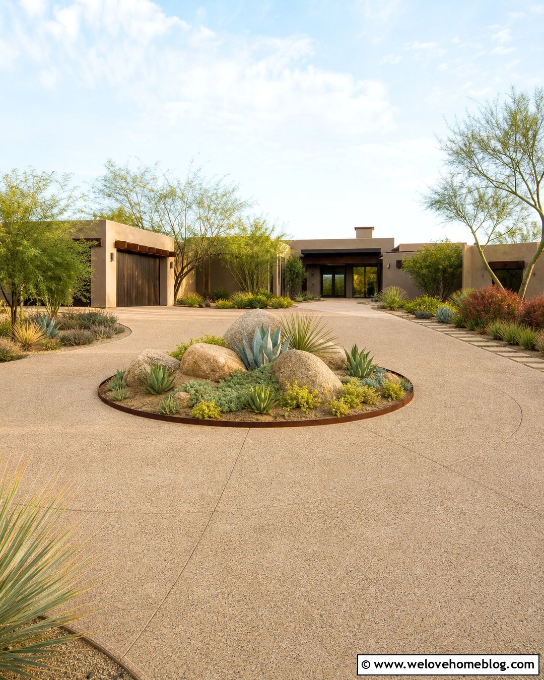 Driveway Island With Succulents And Boulders - 25 Driveway Island Landscaping Ideas