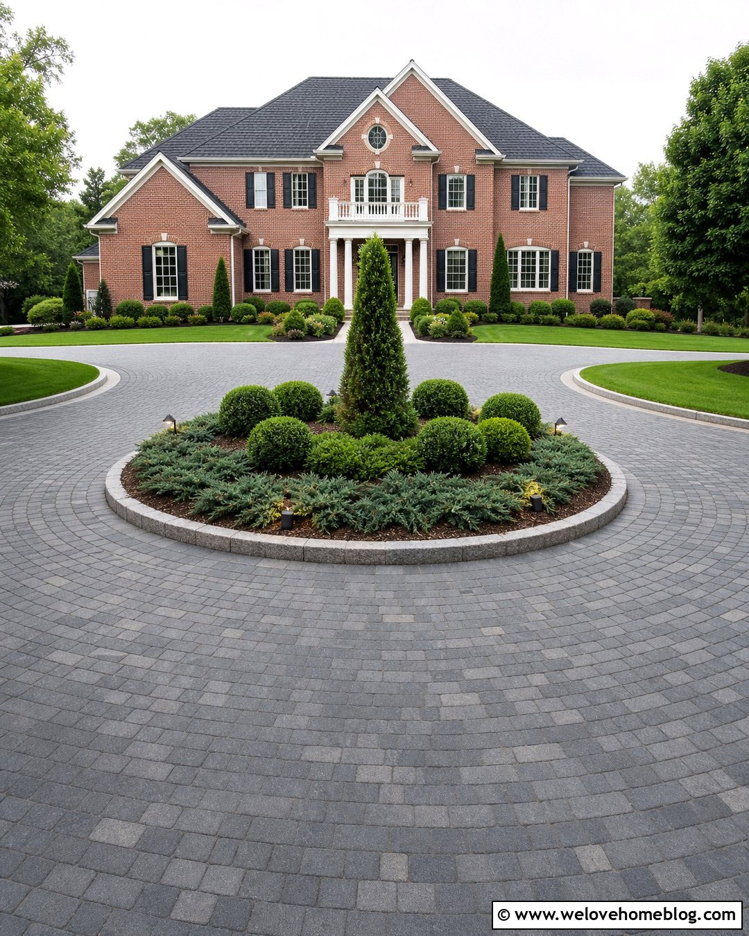 Driveway Island With Tiered Evergreen Planting - 25 Driveway Island Landscaping Ideas