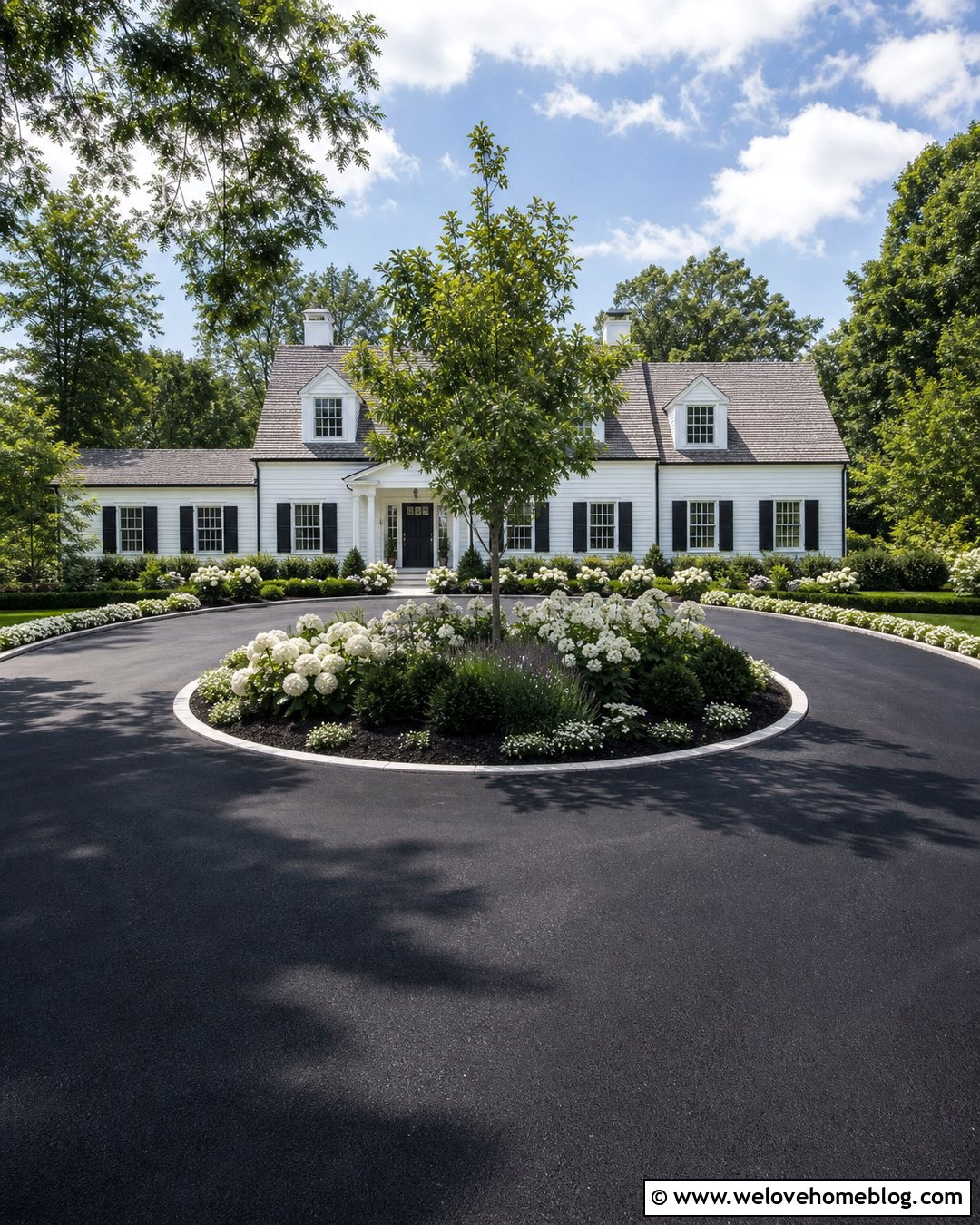 Driveway Island With White Flower Garden - 25 Driveway Island Landscaping Ideas