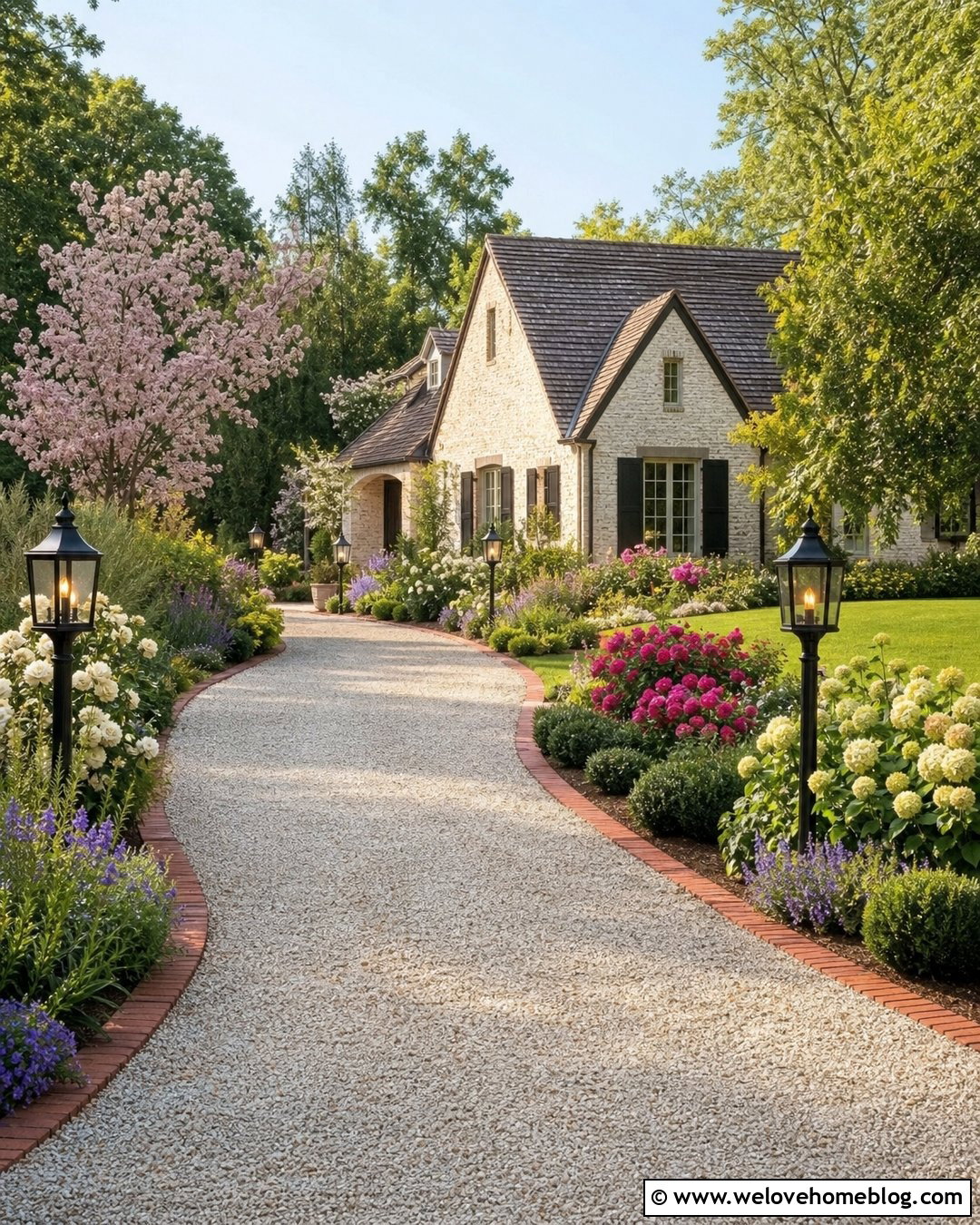 Driveway Lamps With Flowering Borders - 20 Driveway Lamps Ideas