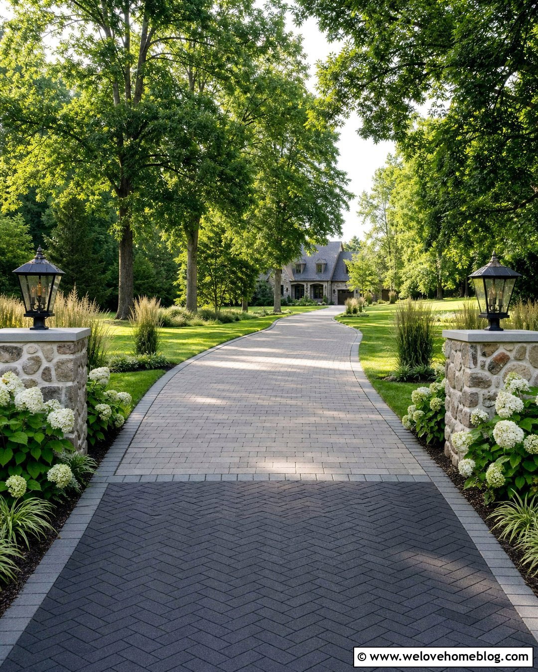 Driveway Pavers With Stone Entrance Pillars - 25 Paving Driveway Ideas