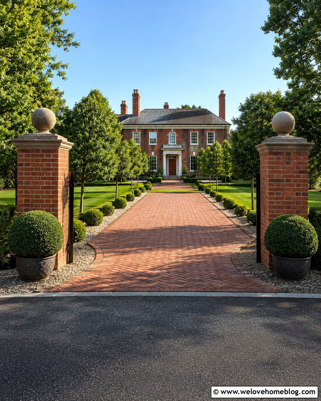 Driveway Pillars With Boxwood Topiaries - 20 boxwood lined driveway ideas