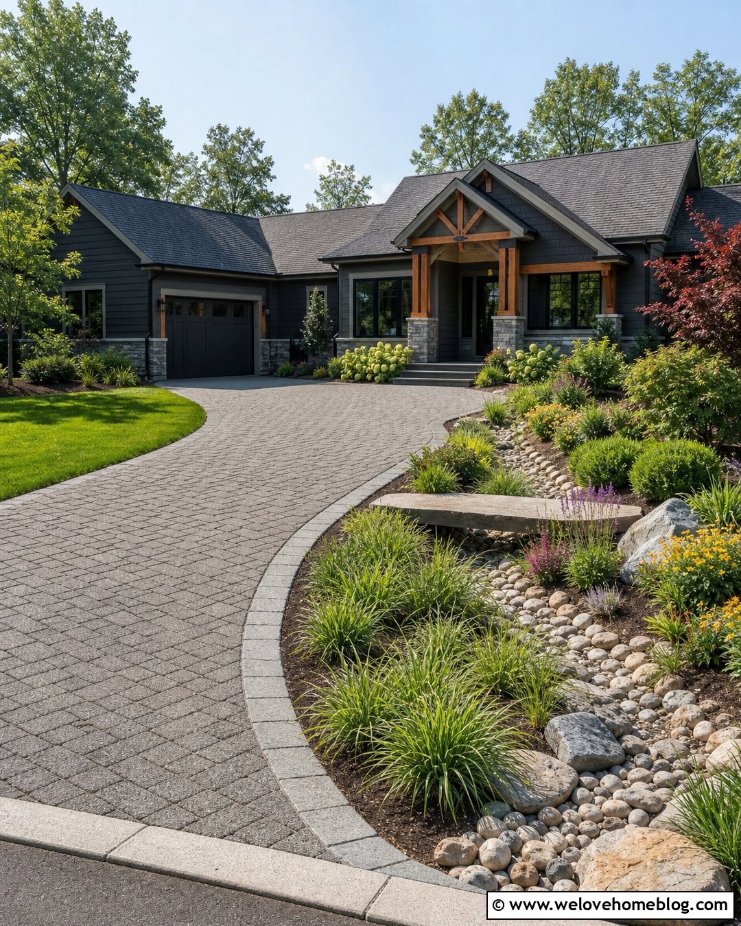 Driveway Rain Garden With River Rock - 30 Driveway Garden Ideas