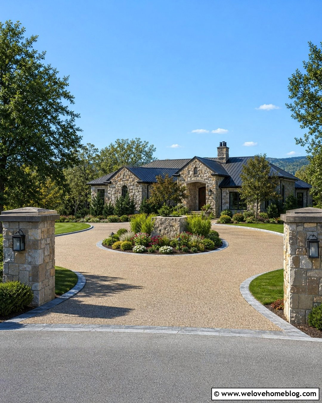 Driveway Roundabout With a Stone Address Sign - 25 driveway roundabout ideas