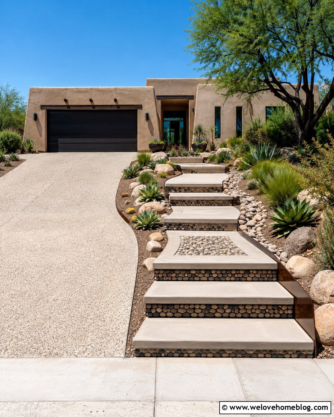 Driveway Steps With Pebble Mosaic Details - 25 Driveway Steps Ideas
