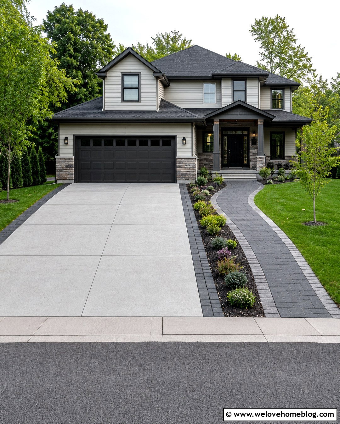 Driveway Walkway Connection With Contrasting Pavers - 20 Driveway Makeover Project Ideas