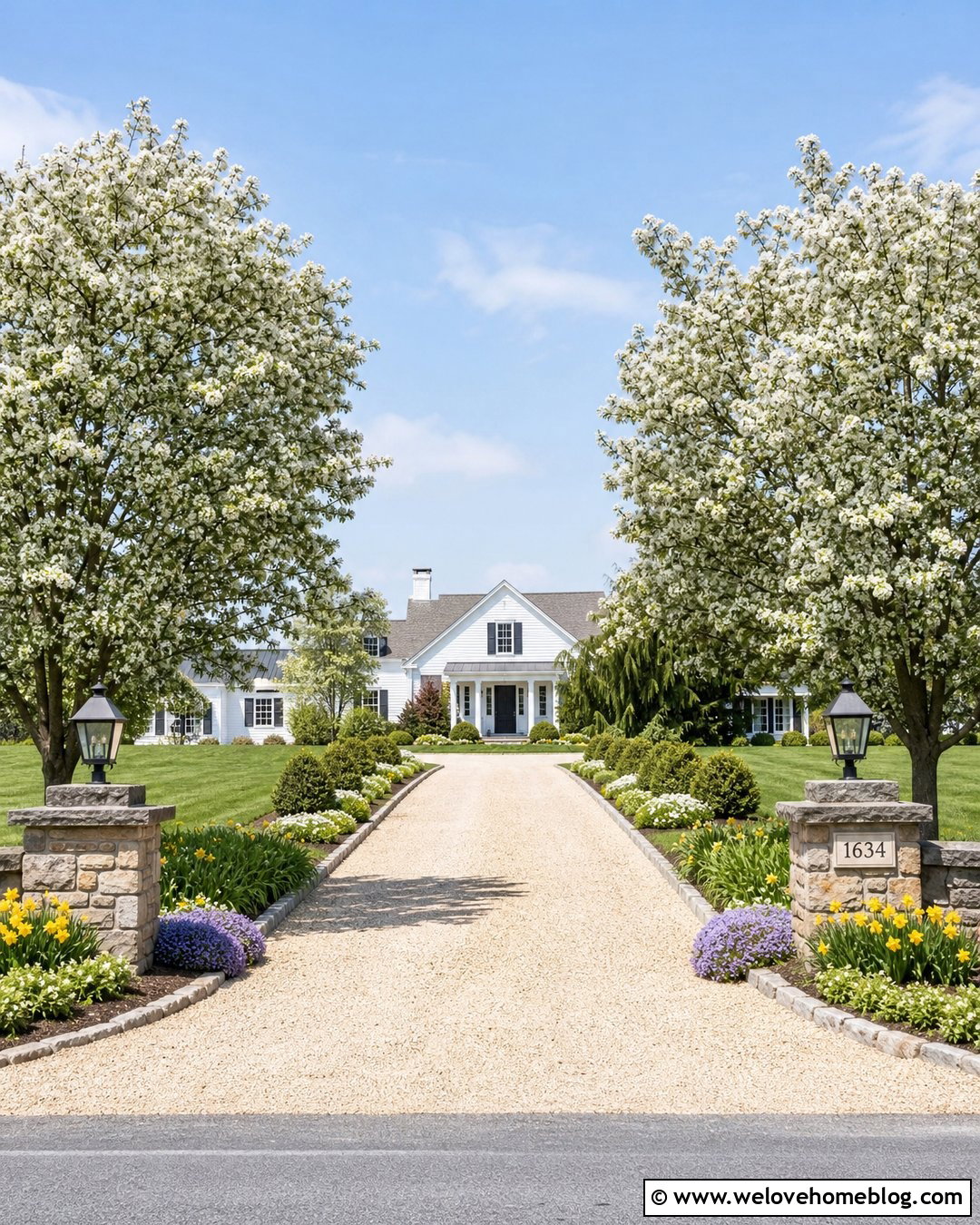 Driveway With A Flowering Tree Entrance - 40 landscaping along driveway ideas