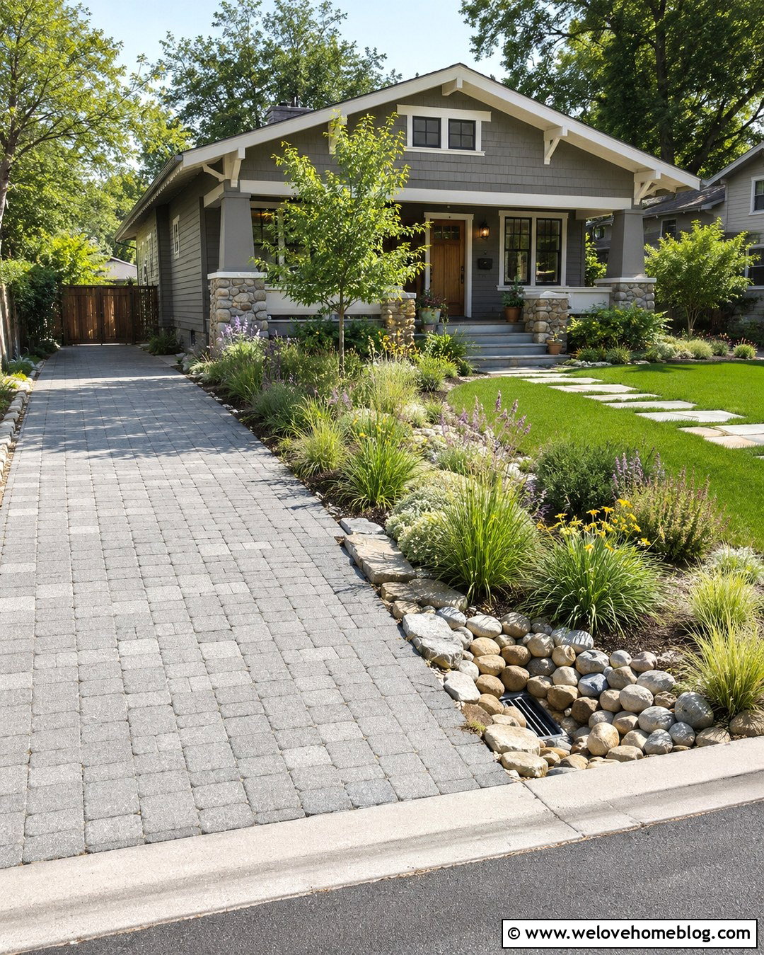 Driveway With A Planted Rain Garden - 20 Driveway Landscaping Before And After Ideas