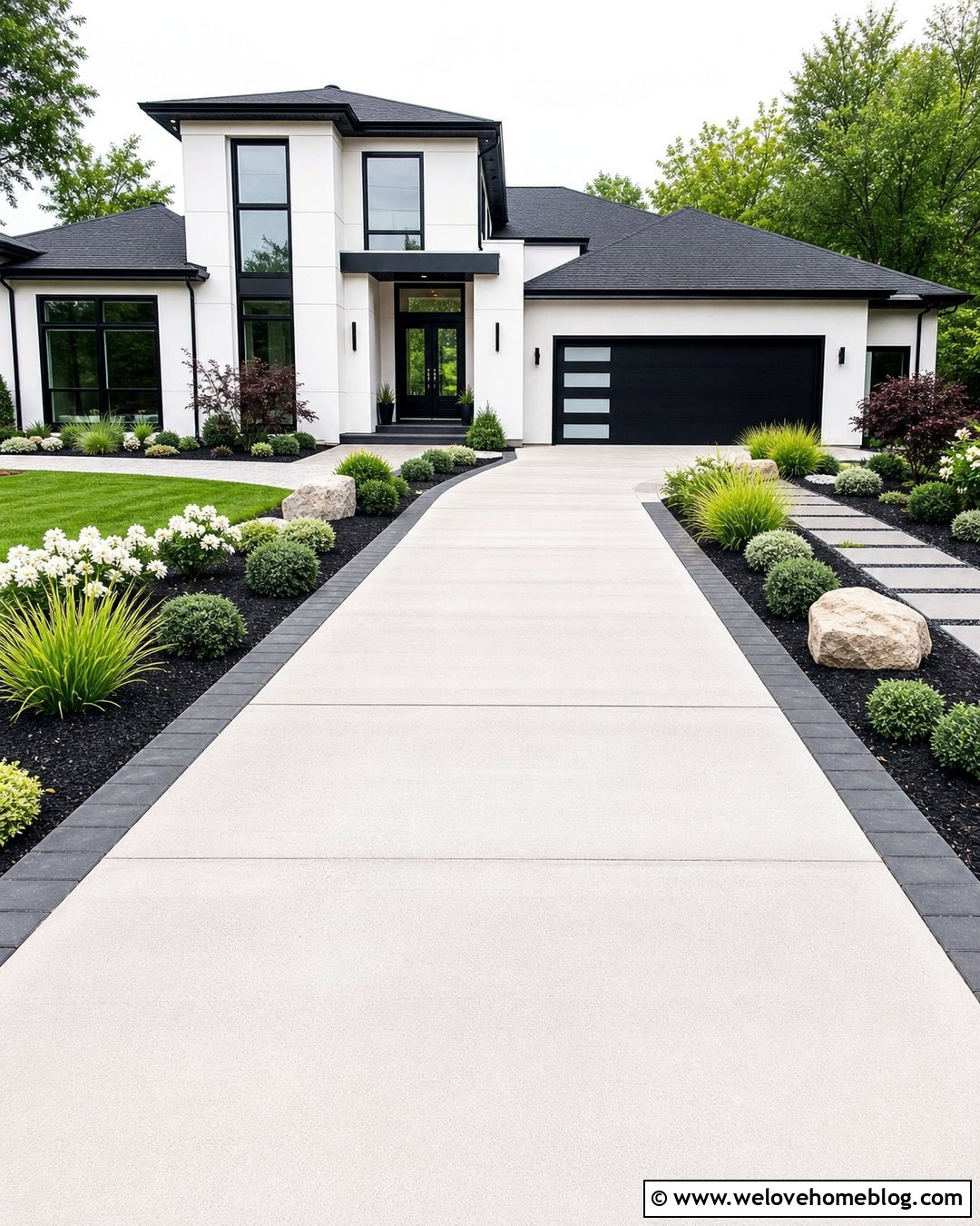 Driveway With Black Mulch Landscaping - 50 Driveway Landscaping Ideas