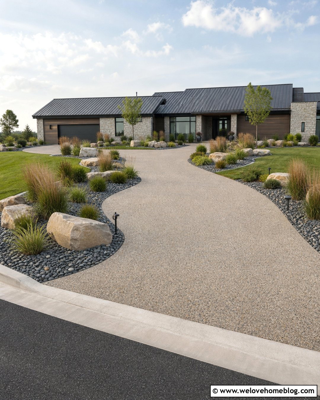 Driveway With Boulder And Grass Landscaping - 40 landscaping along driveway ideas