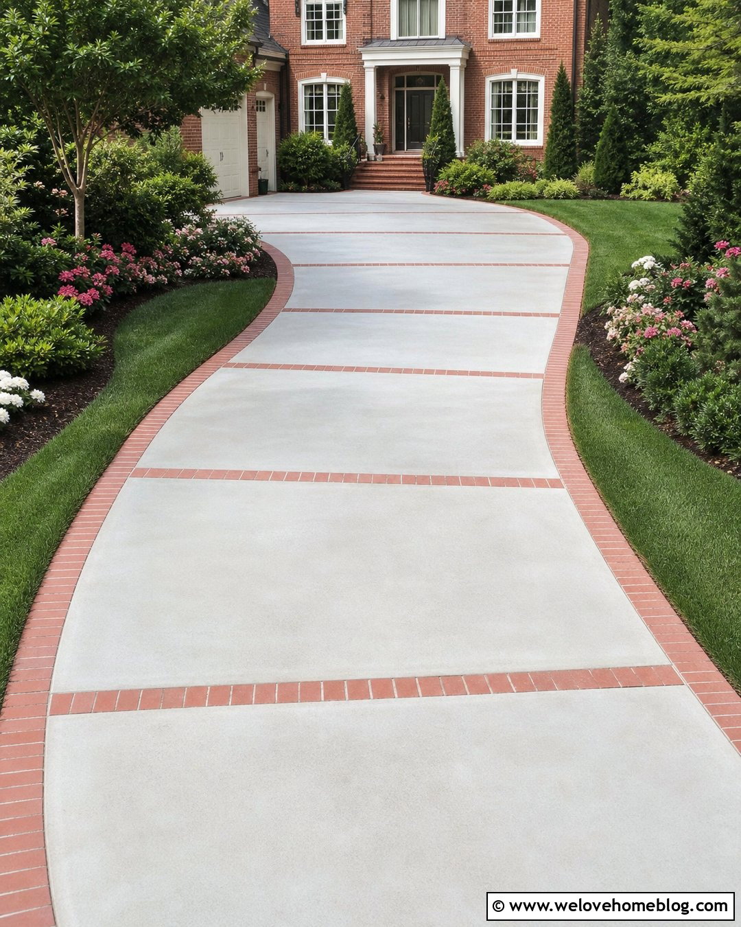 Driveway With Brick Ribbon Accents - 25 Pretty Driveways Ideas