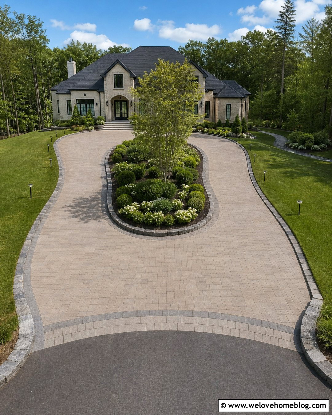Driveway With Center Landscaping Island - 25 Driveway Paving Design Ideas