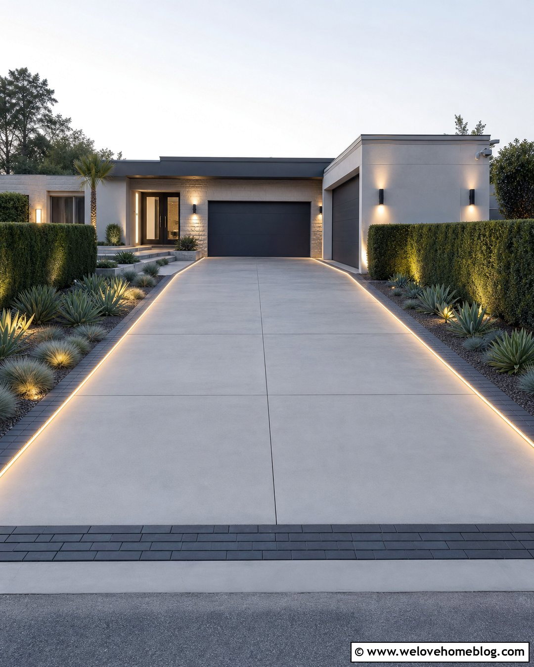 Driveway With Continuous LED Border Lighting - 20 Lighted Driveway Ideas