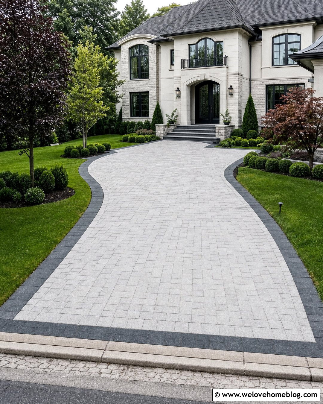 Driveway With Contrasting Paver Border - 50 Driveway Ideas