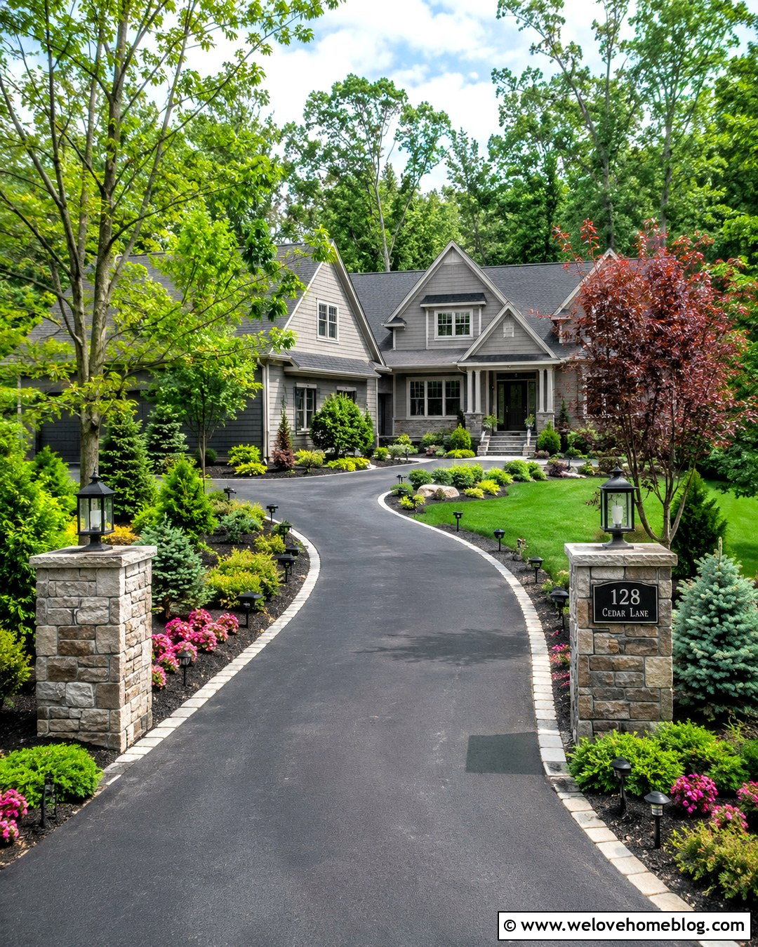 Driveway With Coordinated Landscape Lighting - 20 Driveway Landscaping Before And After Ideas