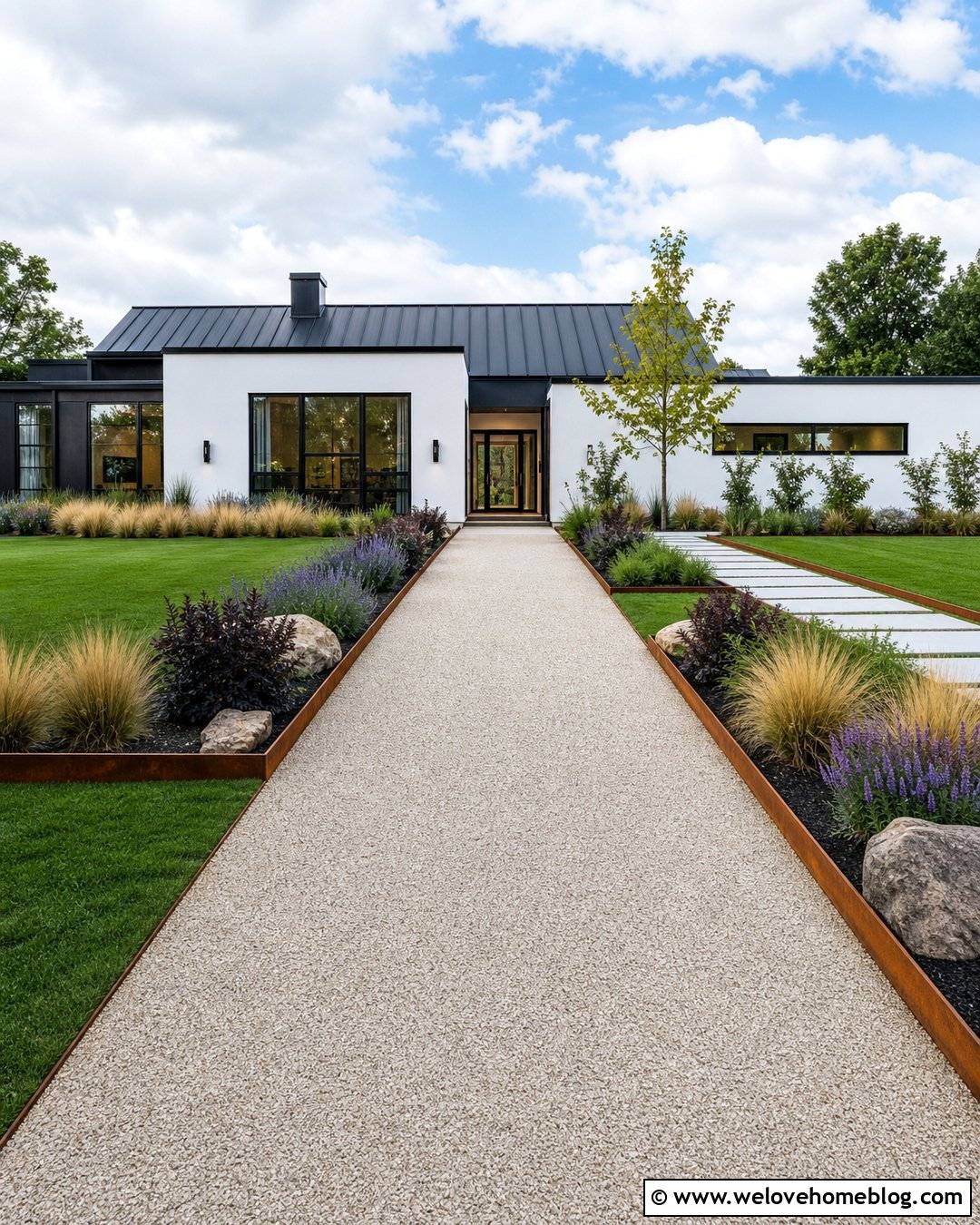 Driveway With Corten Steel Borders - 50 Driveway Landscaping Ideas