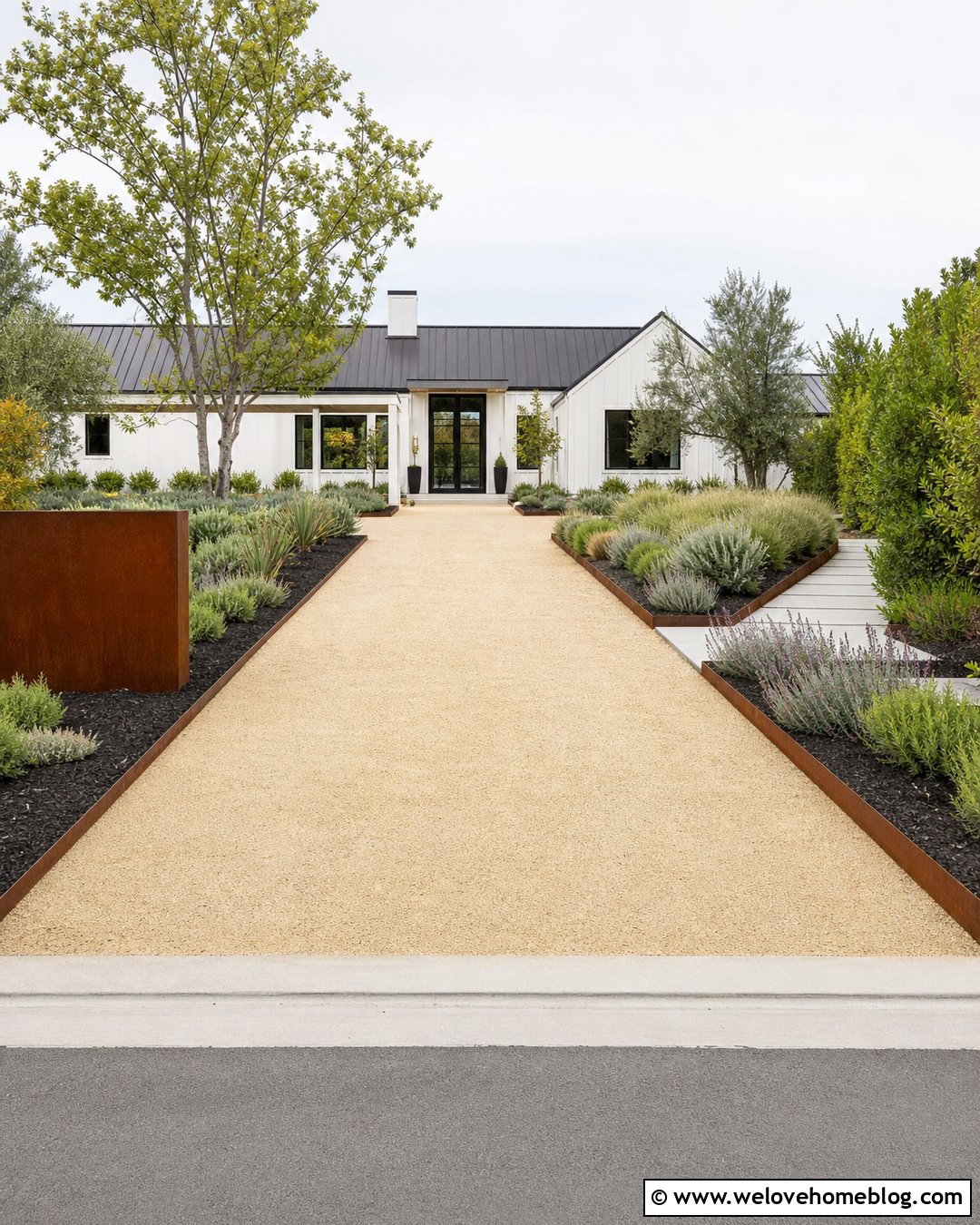 Driveway With Corten Steel Edging - 50 Driveway Ideas