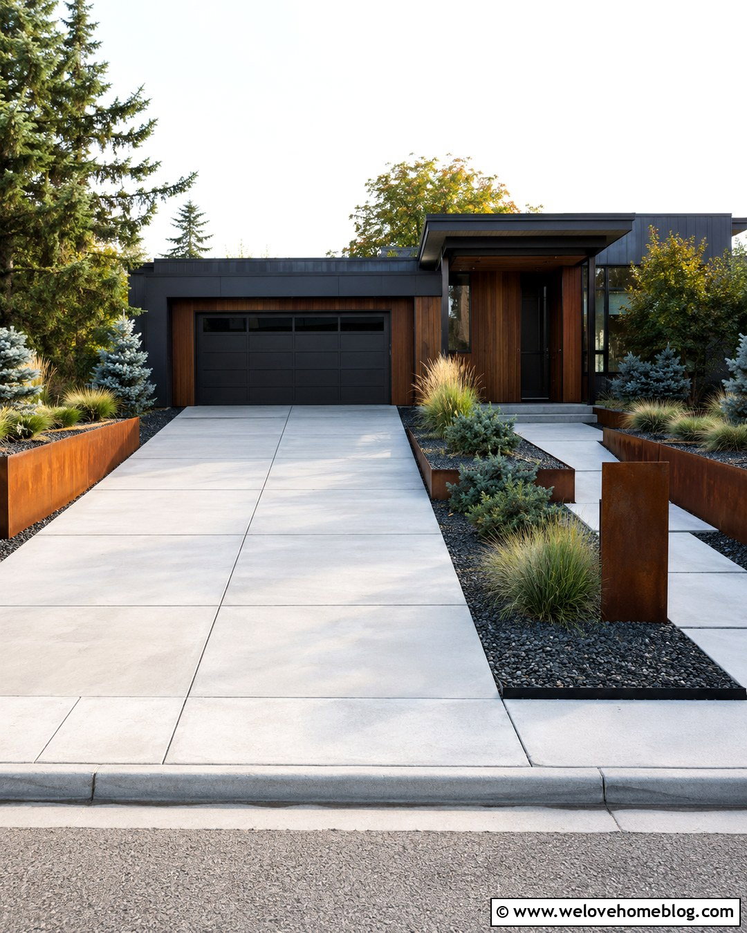 Driveway With Corten Steel Landscaping - 20 Modern Luxury Driveway Ideas