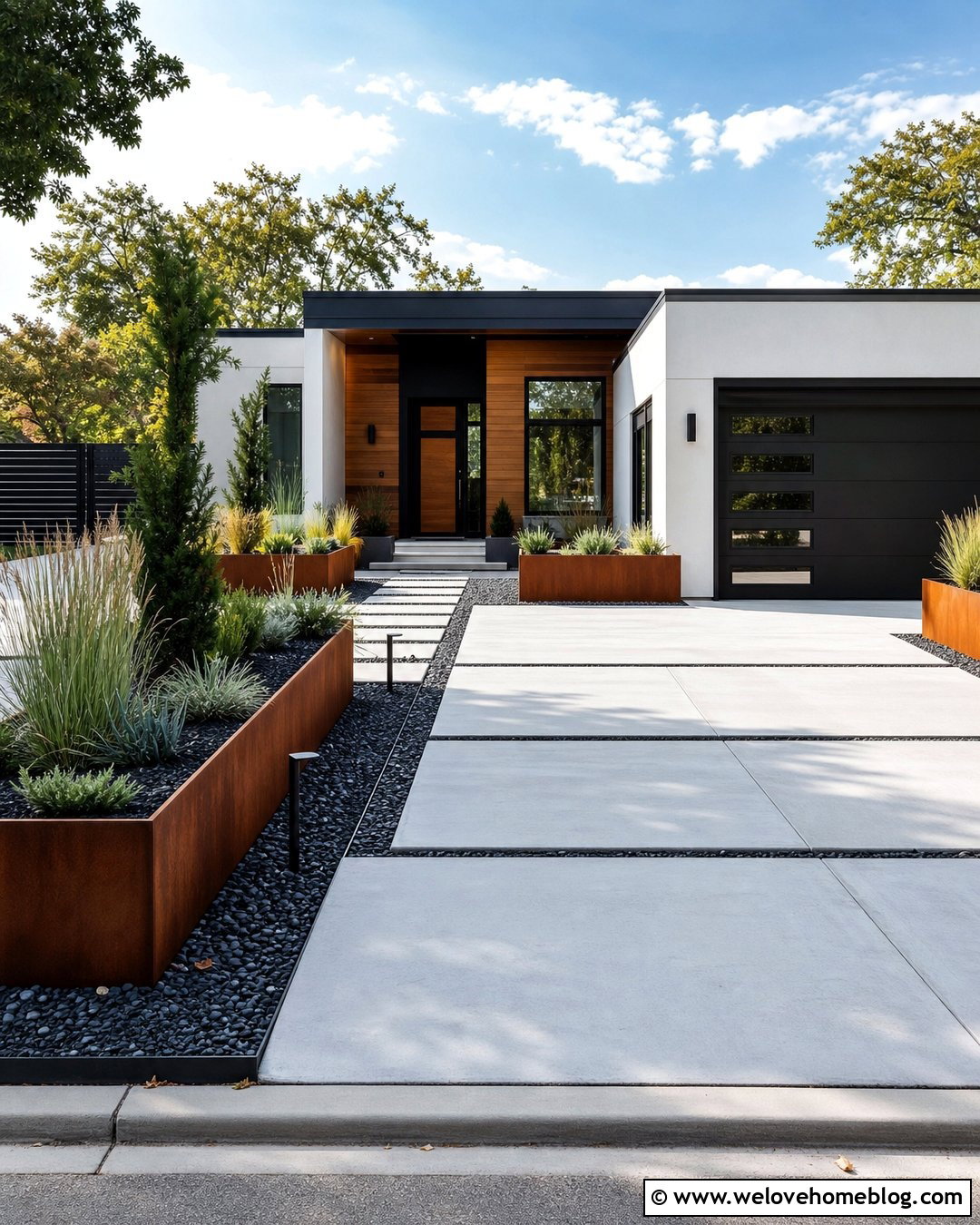 Driveway With Corten Steel Planters - 40 landscaping along driveway ideas