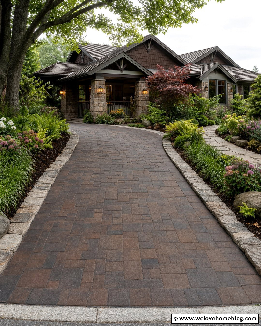 Driveway With Craftsman Stone Details - 50 Driveway Ideas