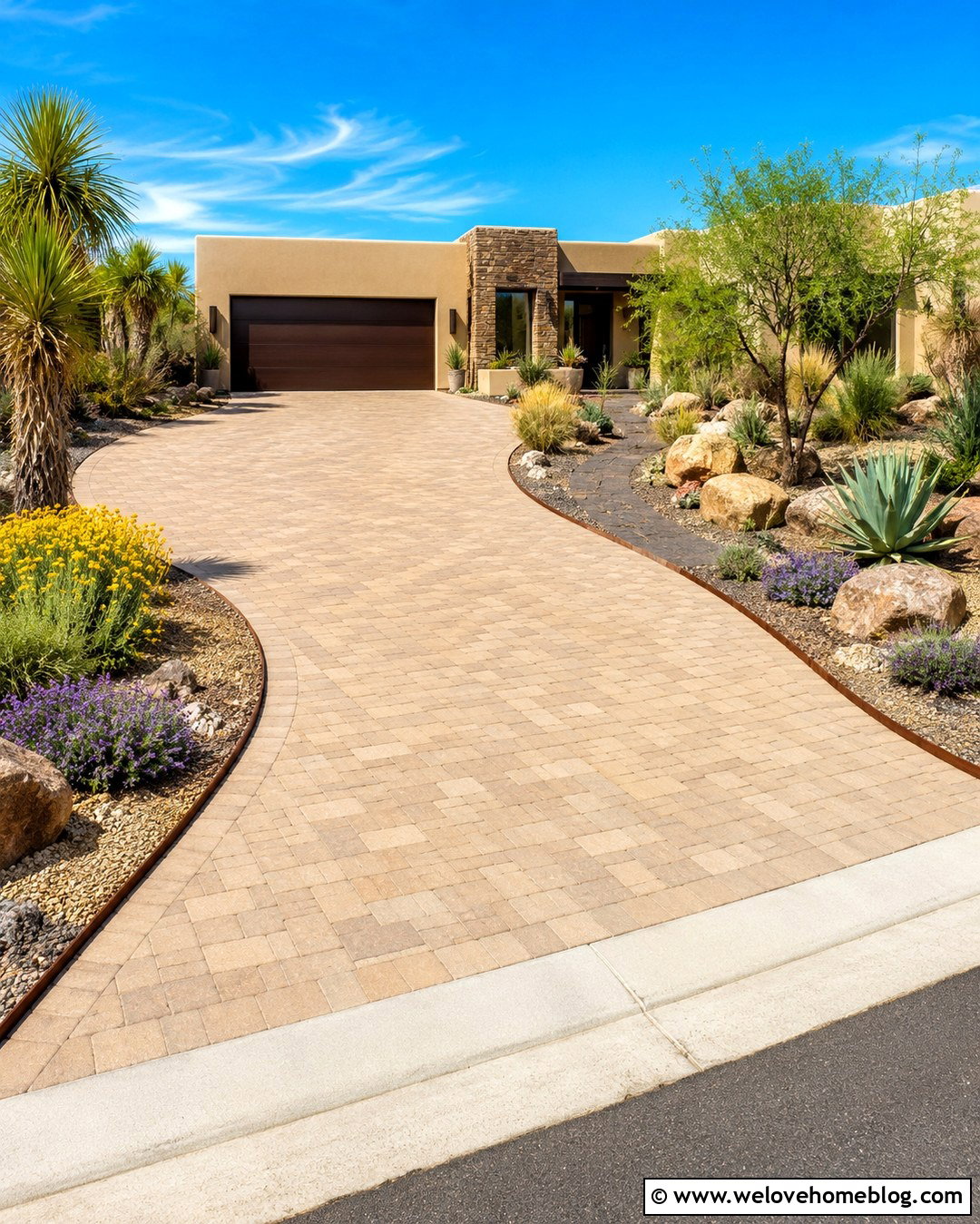 Driveway With Desert Rock Landscaping - 20 Sunlit Driveway Landscaping Ideas