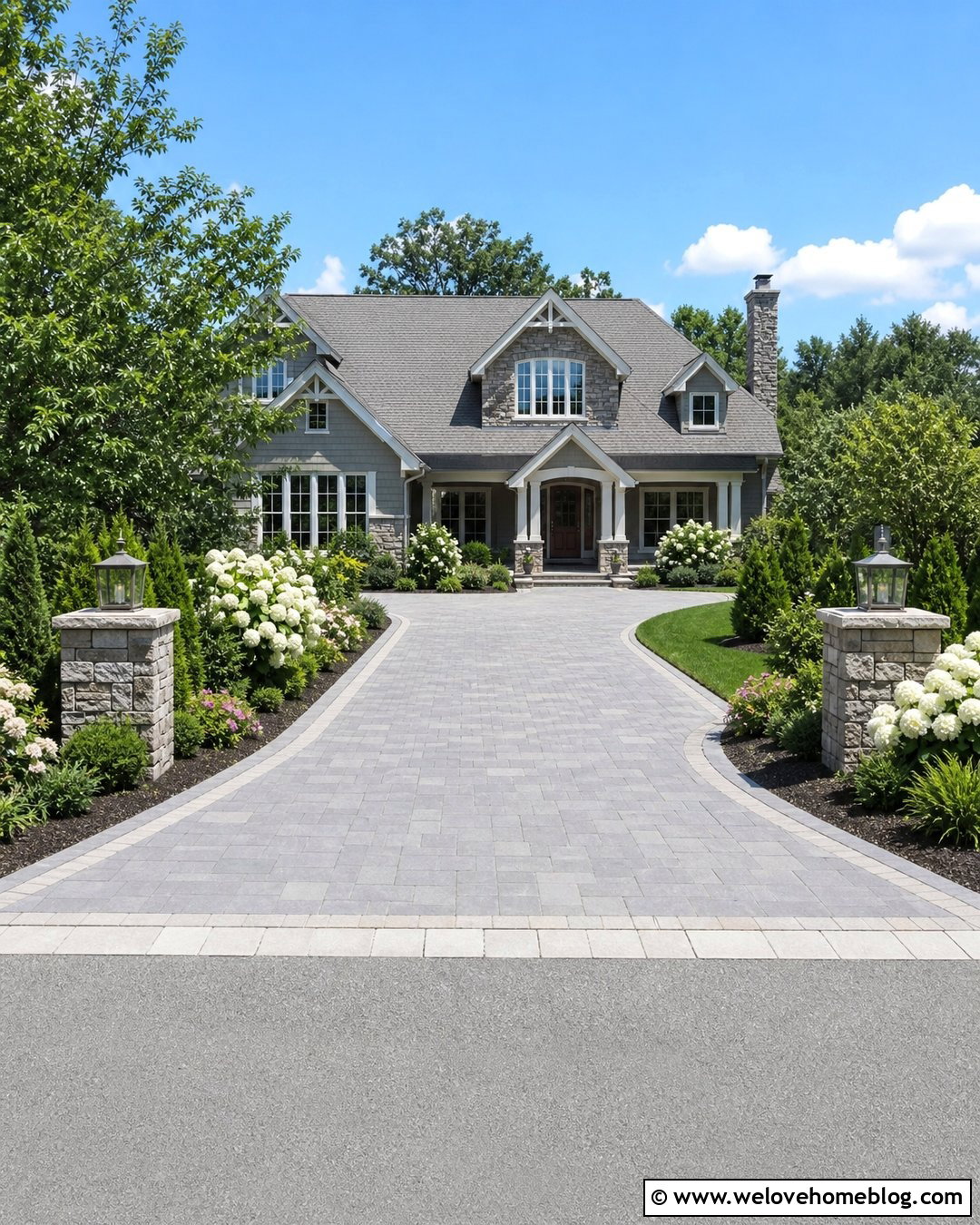 Driveway With Entry Pillars And Hydrangeas - 25 front yard landscaping with driveway ideas