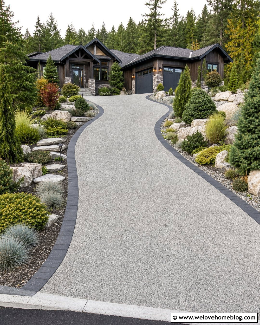 Driveway With Evergreen Landscaping - 50 Driveway Landscaping Ideas