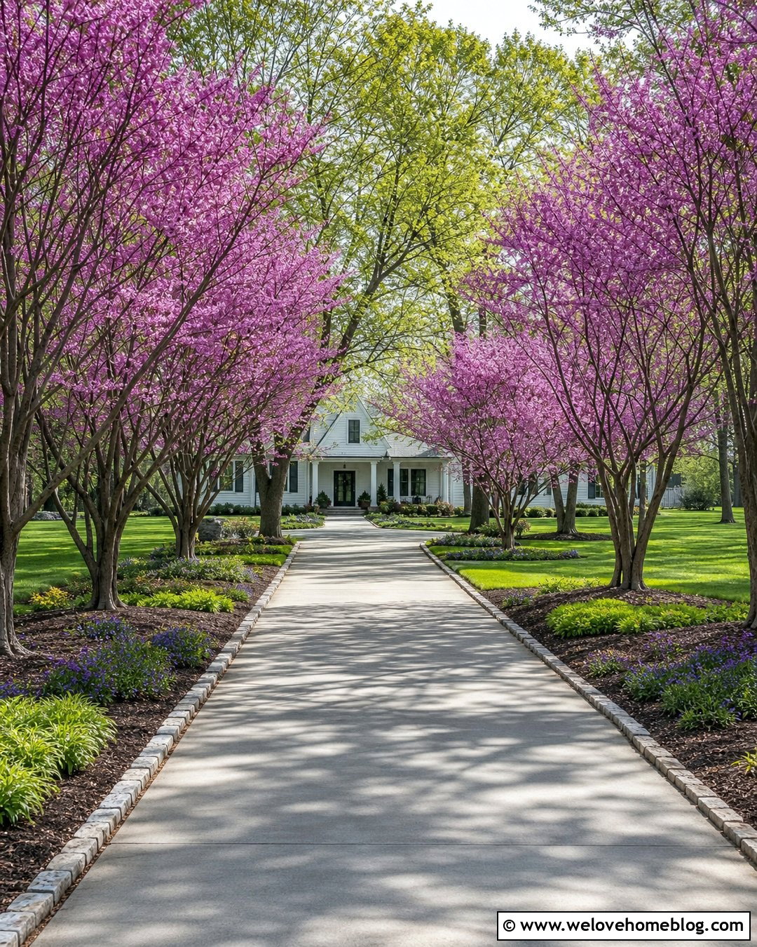 Driveway With Flowering Tree Borders - 50 Driveway Landscaping Ideas