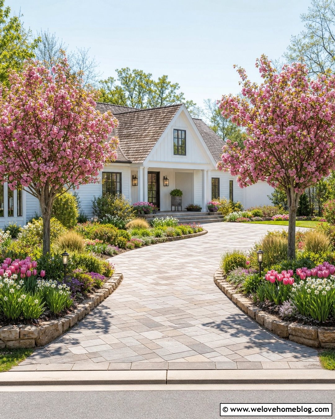 Driveway With Flowering Tree Entrance - 40 driveway front garden ideas