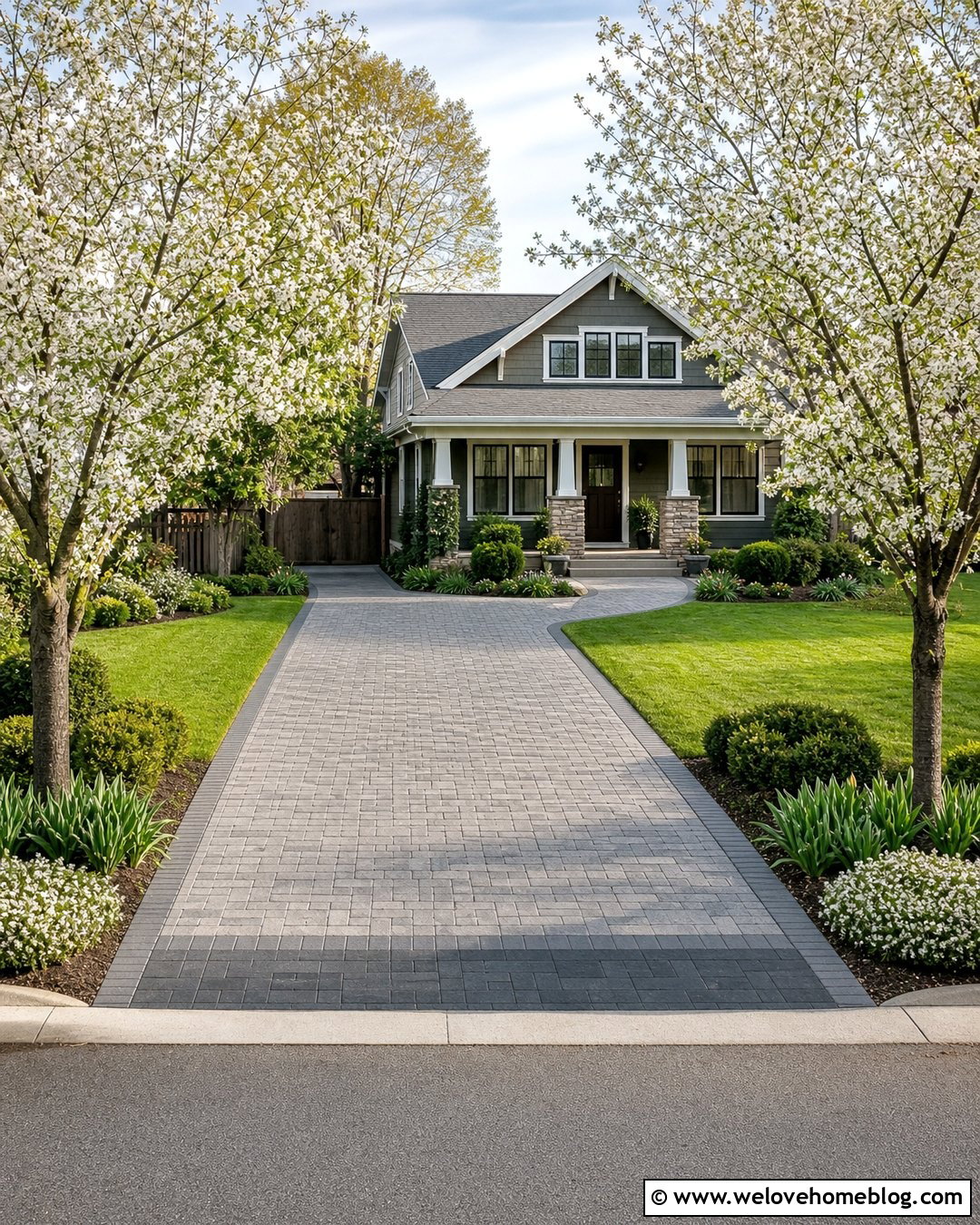 Driveway With Flowering Tree Entrance - 50 Driveway Ideas